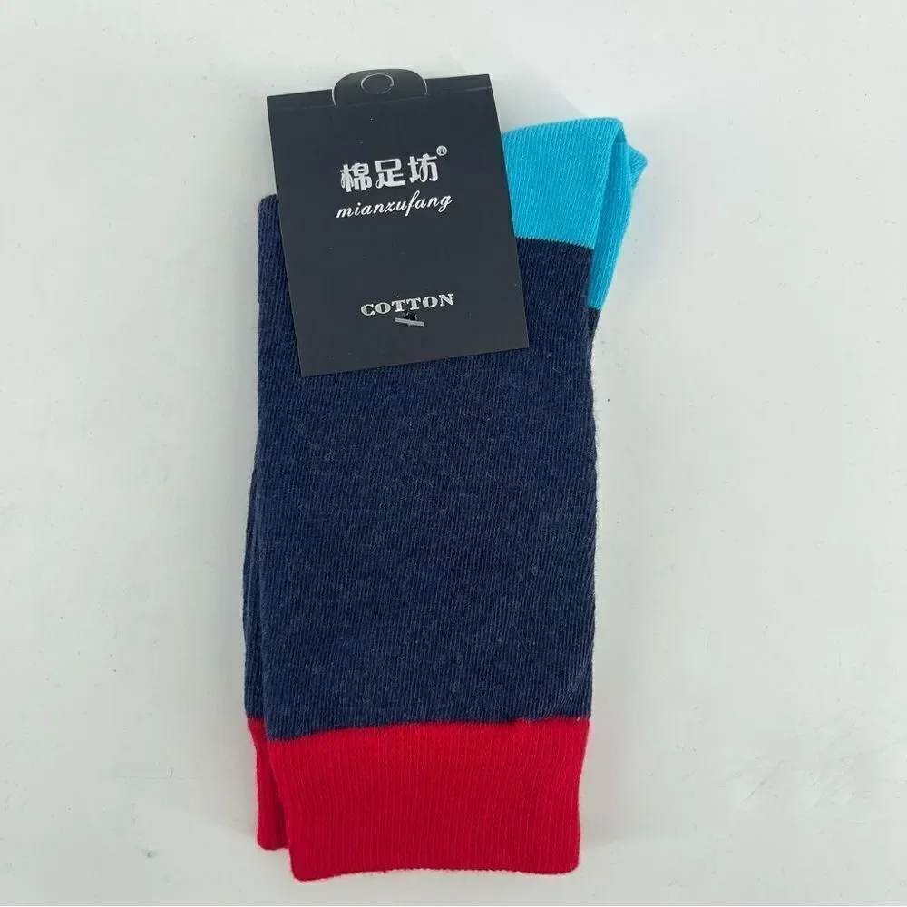 Men’s Red Blue White Colorblock Novelty Casual Dress Cotton Crew Socks One Size